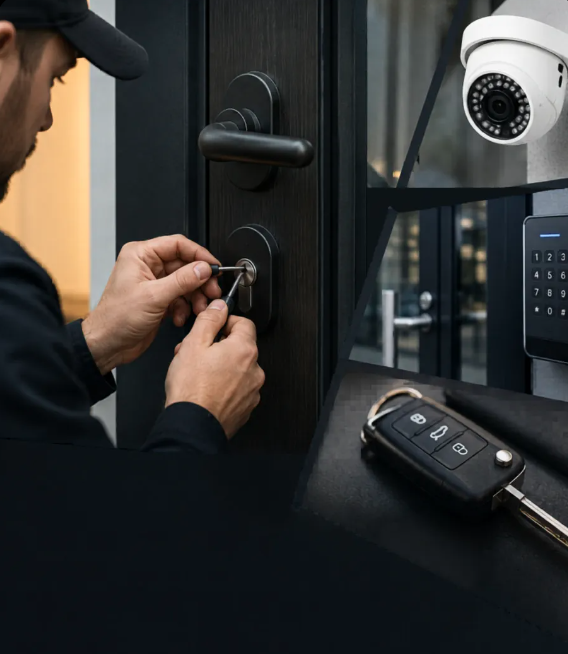 Commercial entry door and security hardware